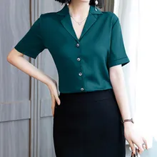 

Silk Women's Shirt Suit Fashion Collar Short-sleeve 2022 Summer Satin Shirts Ladies Tops Basic Solid Button Blouse Women Clothes