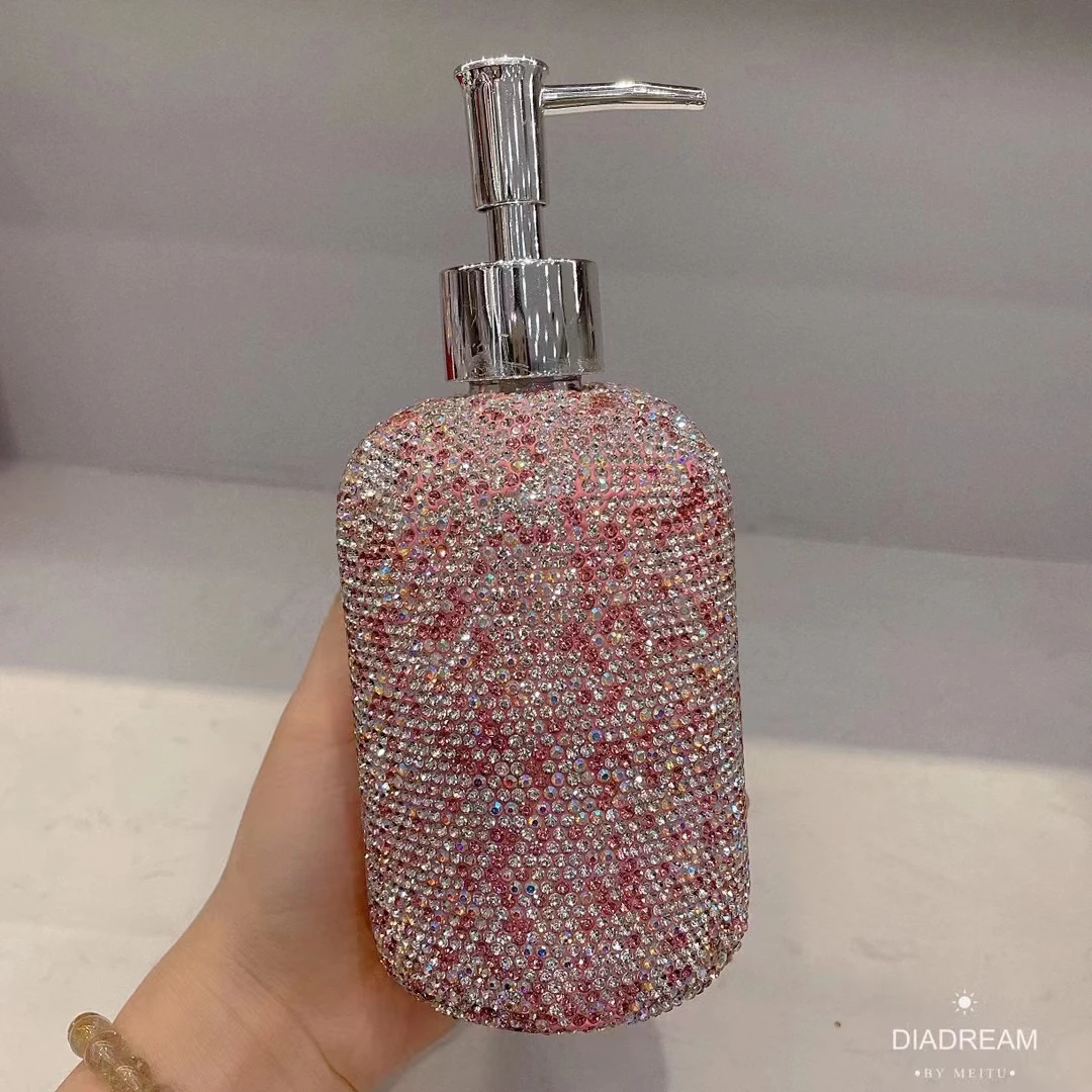 Bling Diamond Hand Sanitizer Bottle 500ml Glass Bathroom Soap Shampoo Shower Gel Dispenser Liquid Lotion Refill Press Head Pink 5