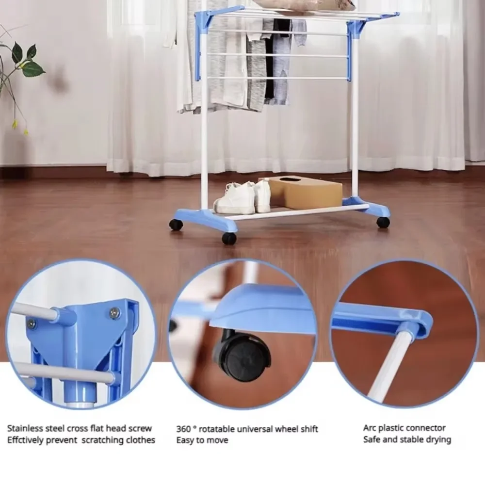 Folding Drying Rack for Home Balcony Baby Clothes Towels Floor Standing Multi-layer Stainless Steel Mobile Drying Rack  Hangers 5