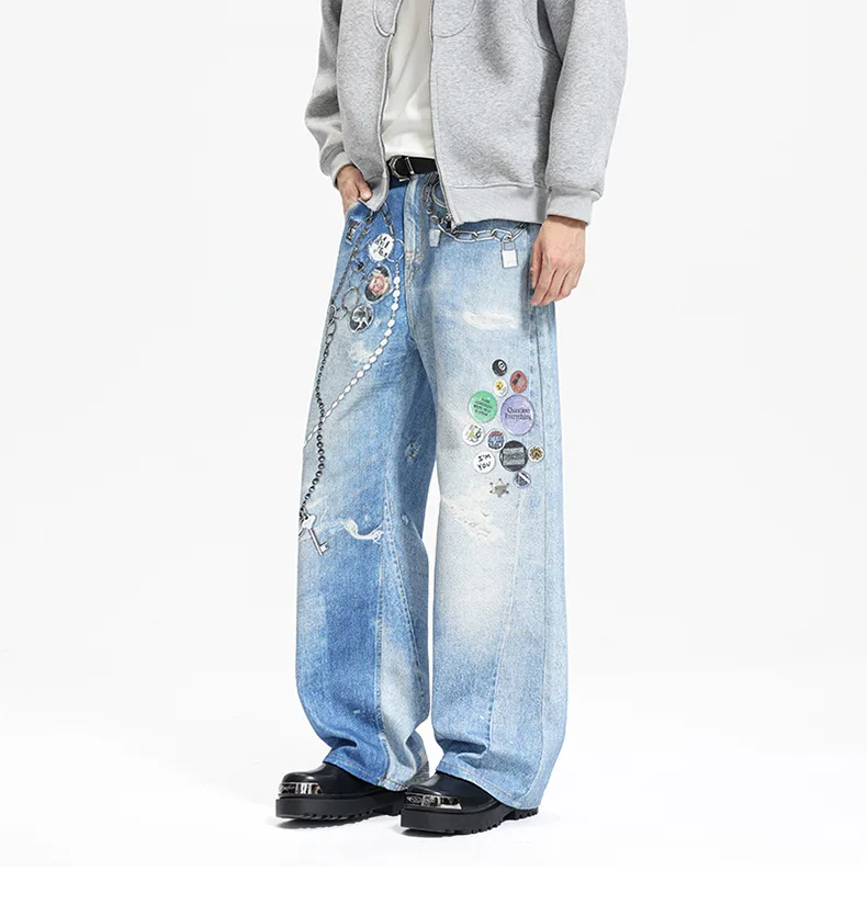 3D-Digitaldruck-Ketten-Denim-Jeans, amerikanische Retro-gewaschene, lockere, gerade Beinhose, lange Hose, Jugendmode, Basic-Stil, Baumwollmischung – Detail 8
