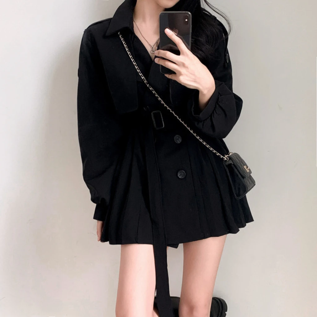 Gabardina elegante y plisada de estilo coreano para mujer, vestido con cinturón, cuello vuelto, doble botonadura, liso, para otoño