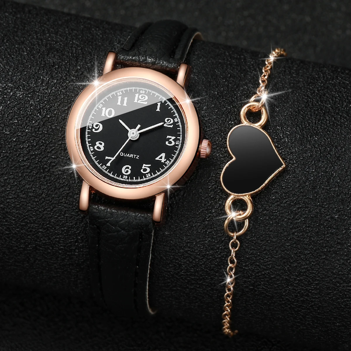 2PCS/Set Fashion Small Dial Women Watches Leather Band Quartz Watch Heart Bracelet Set（Without Box） 3