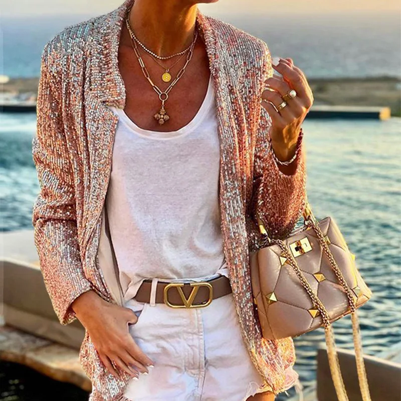 

Autumn Winter Sequins Blazer Top for Women 2023 INS Long Sleeve Short Suit Coat Jacket Office Lady Loose Outwear Y2K Clothes