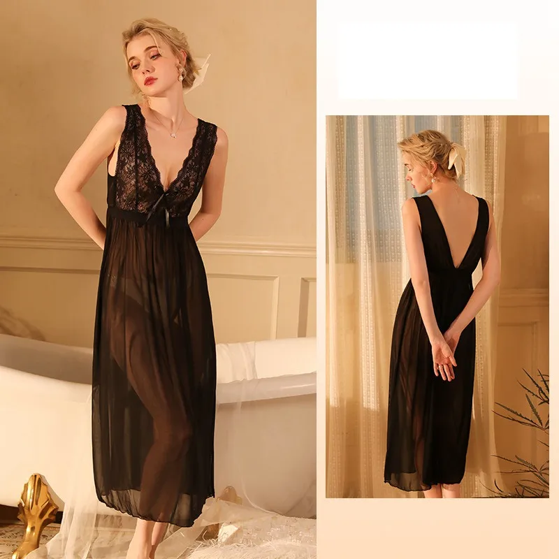 

Women Lace Perspective Gowns Vintage Nightgown Elegant Low-cut Nightdress Sleeveless Sleep Night Wear Long Wedding Night Dress