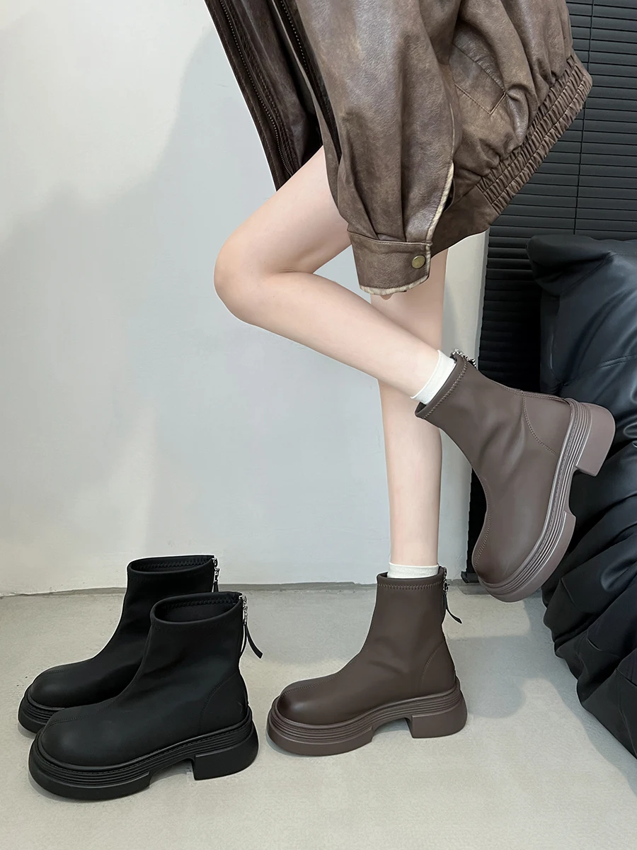 

Женские ботинки на молнии, черные однотонные ботильоны из искусственной кожи, на среднем каблуке, с круглым носком, на резиновой подошве, в Стиле Лолита, рок, зима 2023