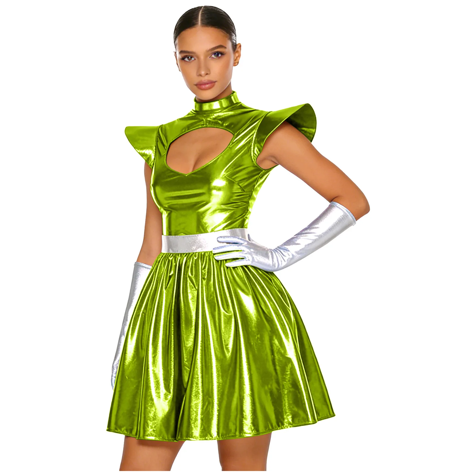 Women's Metallic Astronaut Cosplay Dress with Gloves and Structured Shoulders