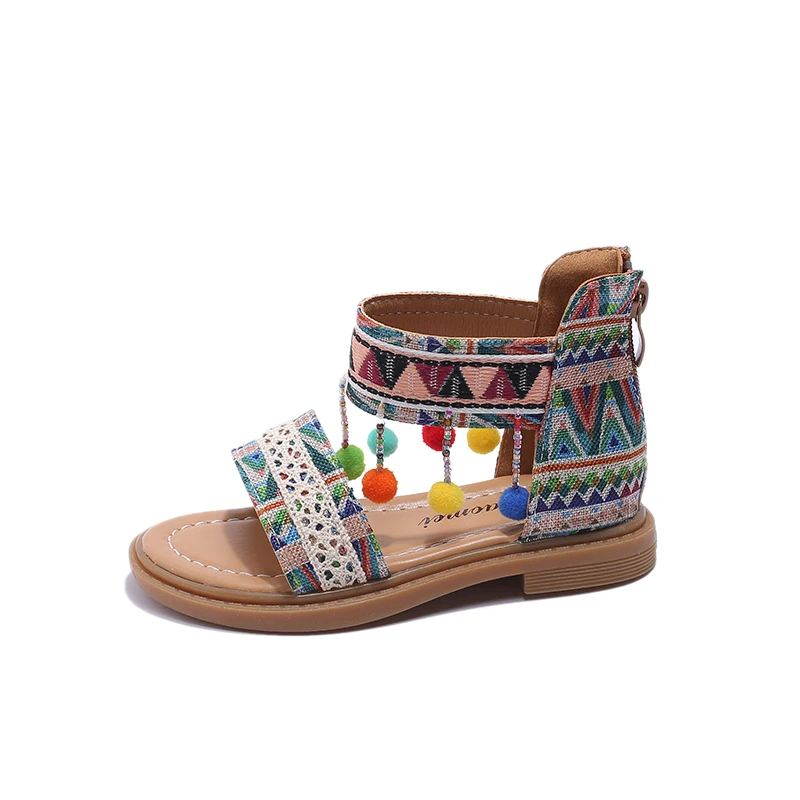 Girls Gladiator Sandals Ethnic Chinese National Sandals 2025 Summer Kids Beach Shoes Embroidery Zipper Open Toes Princess Korean