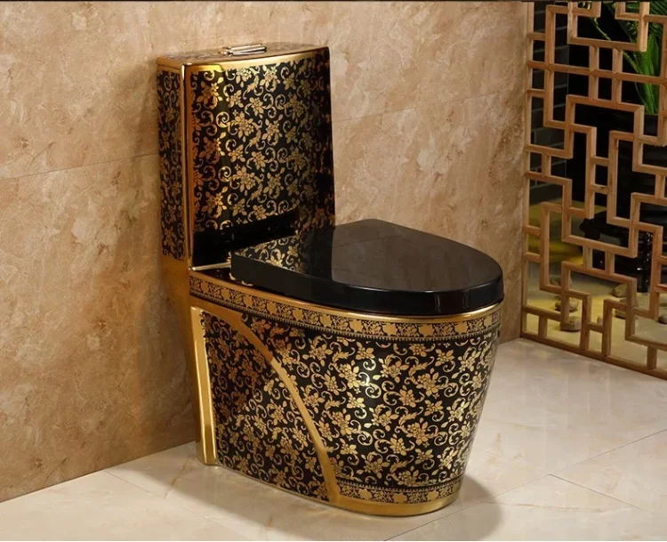 Description Picture 2 of itemOne Piece Black Closestool WC Pan Cyclone Fluishing S-Trap Floor Mounted Luxious Villa Bathroom Seat Toilet Wash Down Toilet