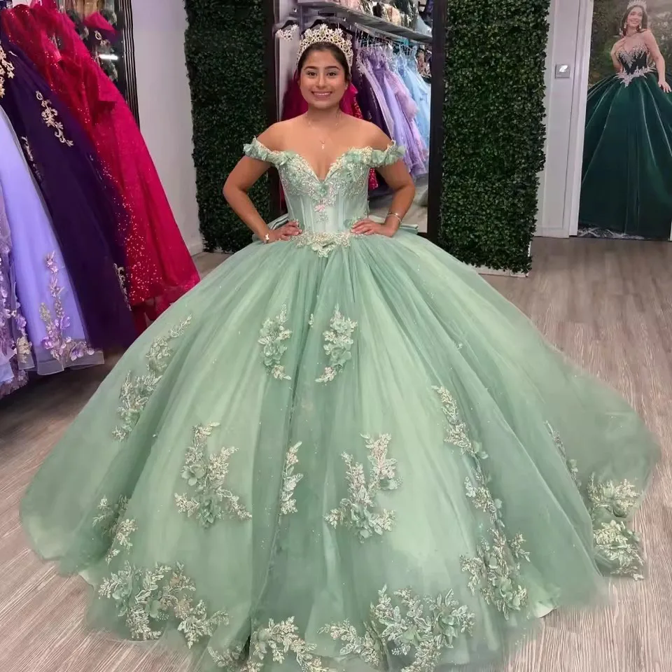 Glitter Sage Green Princess Quinceanera Dresses Ball Gown Sweet 15 Dress Lace Appliqued Vestidos De 15 Quincea&ntilde;eras