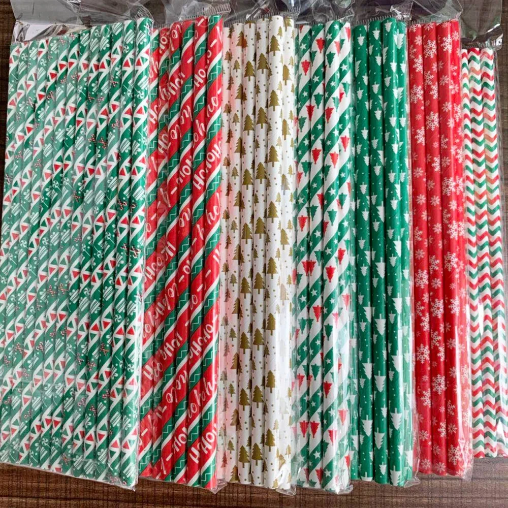 Disposable Christmas Party Straws Colored Kraft Paper Drinking Straw Xmas New Year Holiday Table Juice Cocktail Decor Supplies