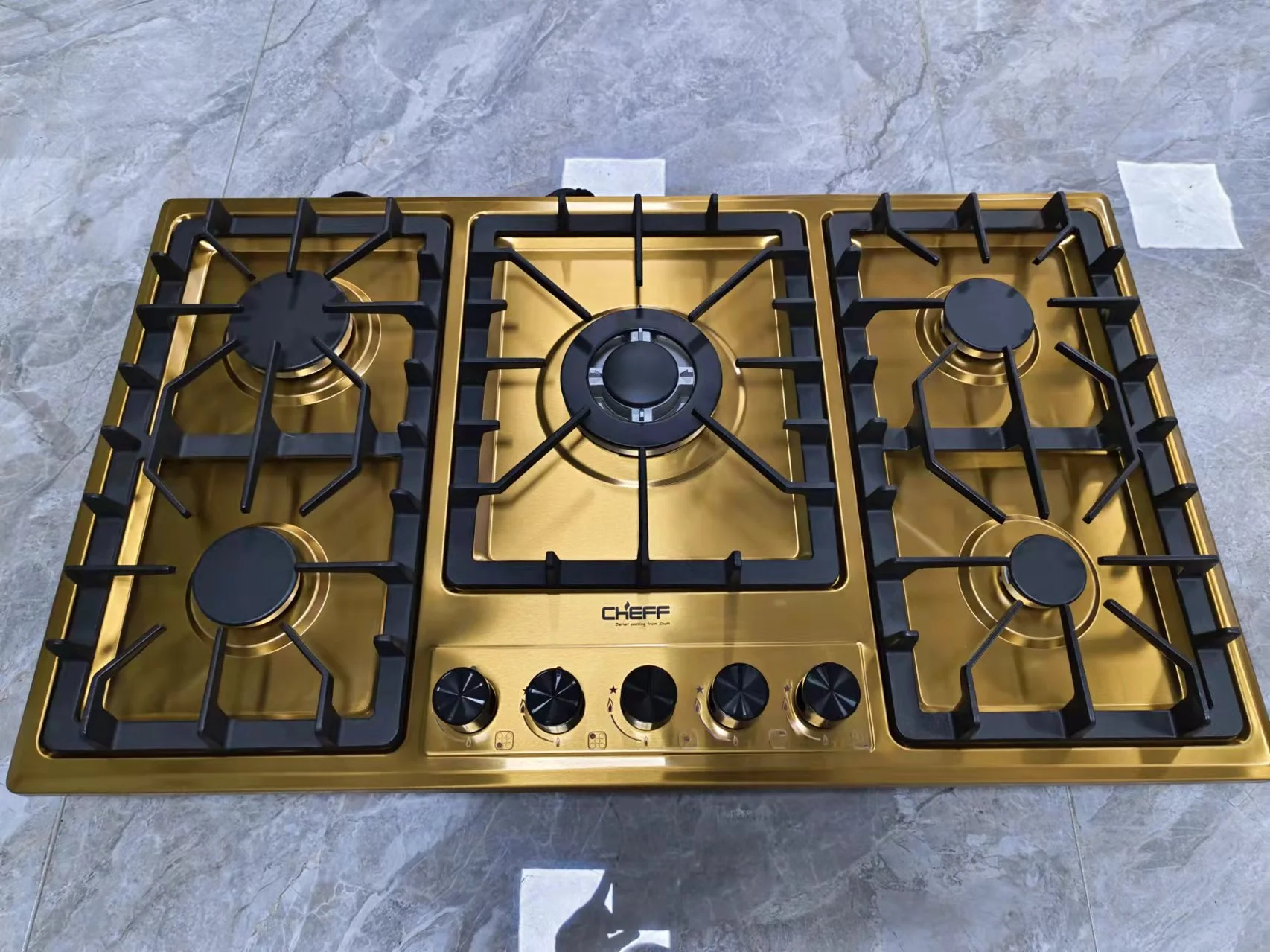 Kitchen Gas Cooking Appliance 33 Inch Golden Stainless Steel 5 Eyes Gas Stove Built in Cooker Countertop