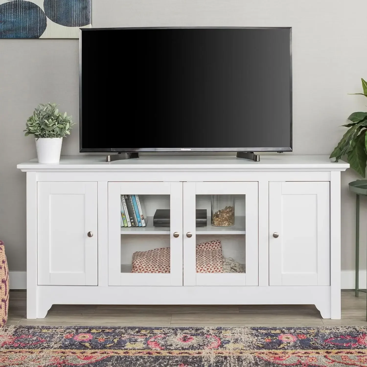 

Wood Universal TV Stand with Storage Cabinets for TV's up to 58" Flat Screen Living Room Entertainment Center, White, White