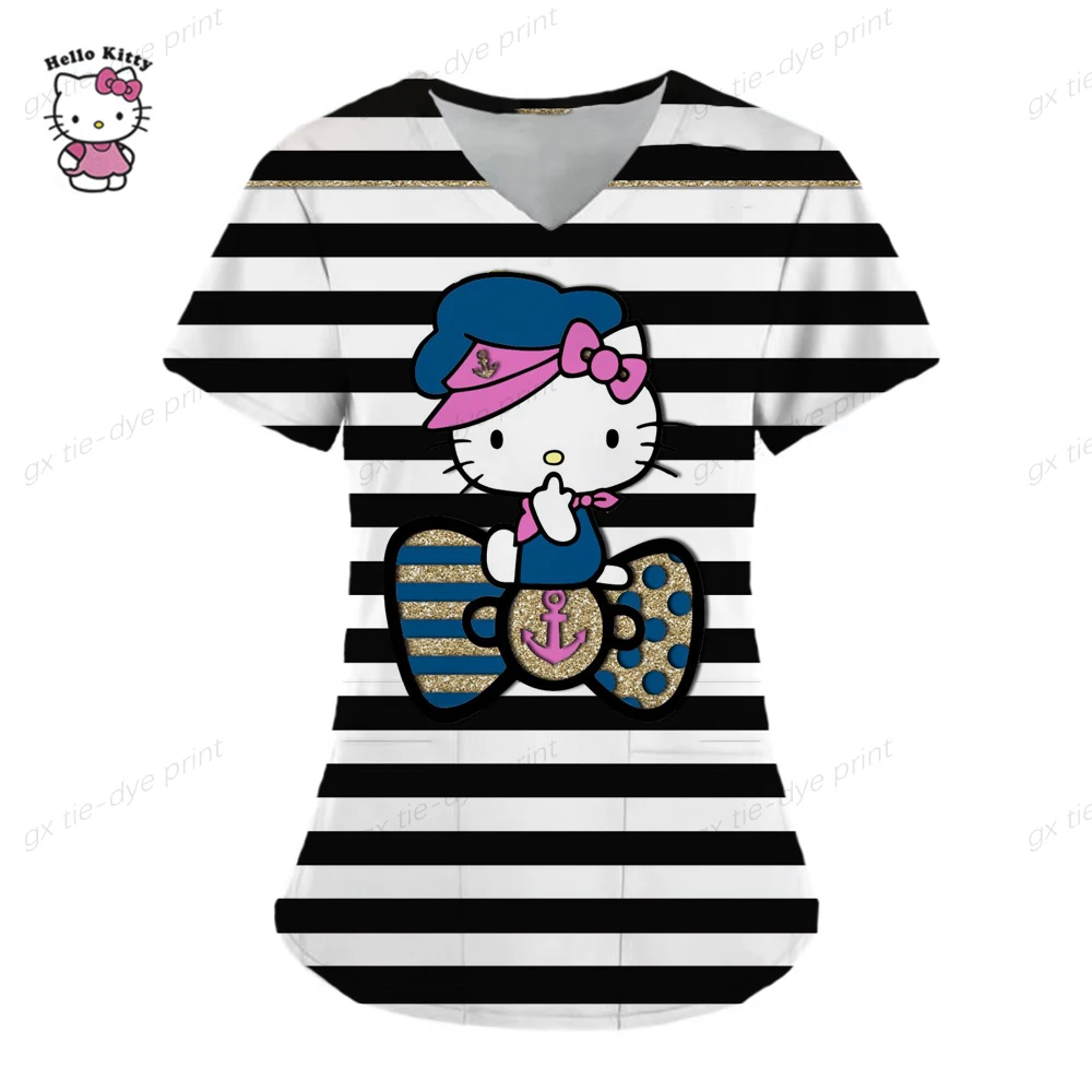 thumbnail image 1 of Uniforme de enfermera con estampado de Hello Kitty para mujer, uniforme de enfermería con bolsillo, camisa de trabajo para enfermeras, personal de enfermería, 1 of 5