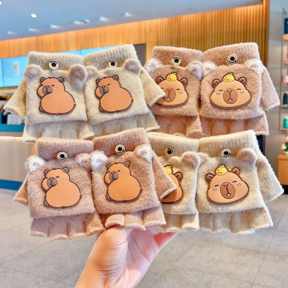 New 6-10 Years Old Half Finger Gloves Thickened Cold-Proof Winter Flip Gloves Warm Elastic Kids Knitted Mitten School