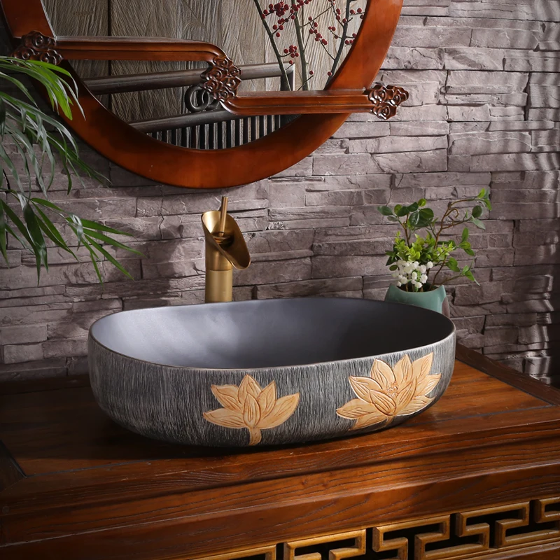 

Gold mosaic design Oval basin washbasin Jingdezhen Art ceramic wash basin vessel sinks countertop Bathroom sinks