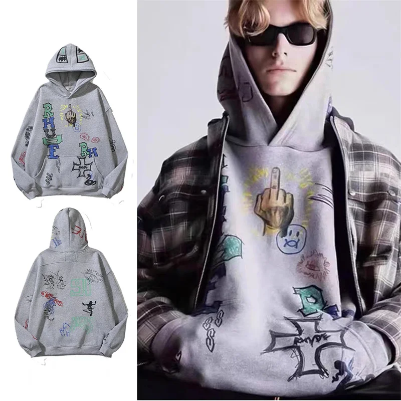 

2023 RHUDE Autumn and Winter Style Principal Hand Painted Graffiti Set Head High Street Couple Hooded Sweater Trend