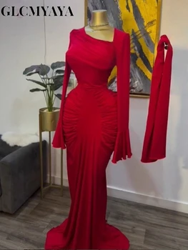 CM.YAYA Women Skew Neck Flare Long Sleeve Ruched Stacked Maxi Long Dress Fall Birthday Evening Sexy Party Dresses with Scarf 1