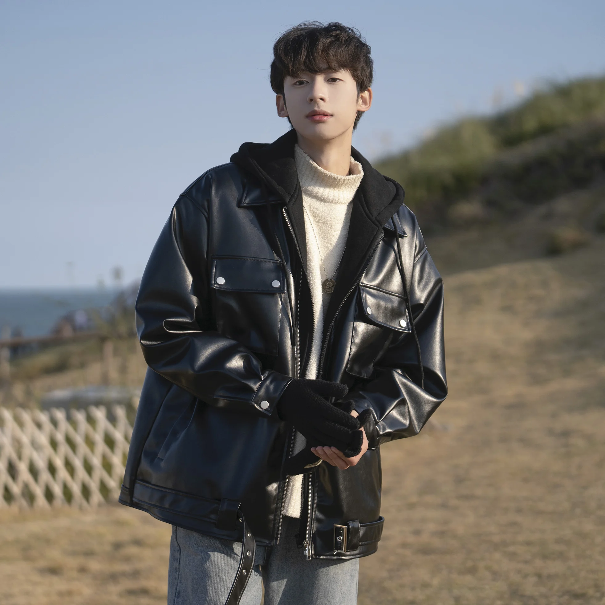 Cotton Coat Men's Winter Hooded Leather Coat Men's Leather Cotton Thickened Warm Male Long Sleeve Solid Color Cotton Coats