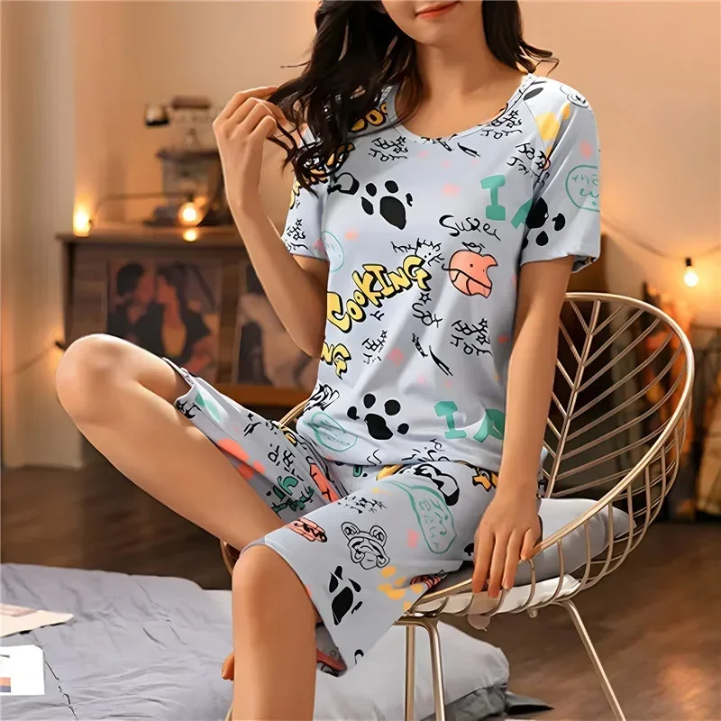 

Polyester Sleep Sleepwear Sets Pyjamas Lounge Cartoon Pajama Fashion Capris Women Home Summer Short-sleeved Plaid