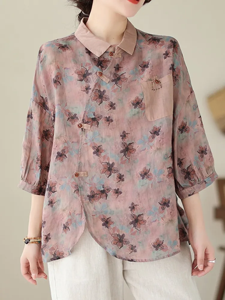 

Women's Summer Casual Shirt European and American Style New Chinese Vintage Flower Print Oblique Front Button Loose Women's Top