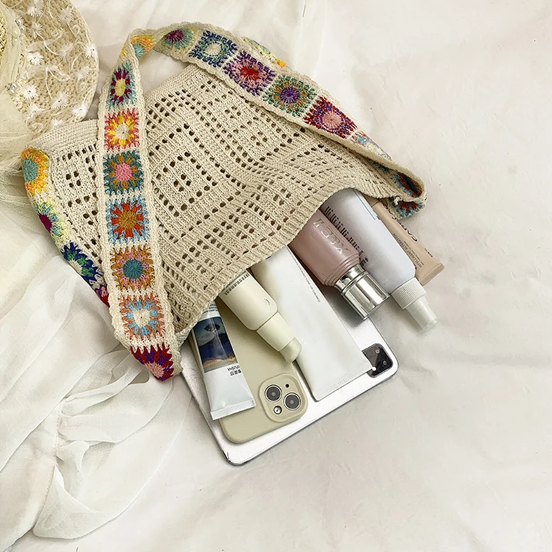 Large Capacity Boho Tote Bag Trendy Floral Crochet Handbag Vintage Multicolor Cut-out Knitted Handbag Fashion Hollow out Bag