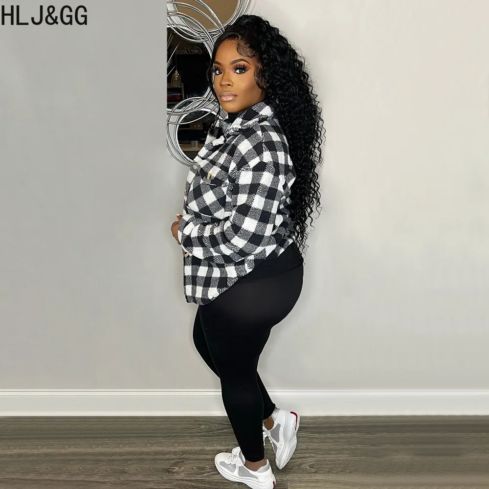 HLJ&GG Black White Autumn Casual Plaid Printing Long Sleeve Jackets Women Turndown Collar Button Pocket Coats Female Slim Tops