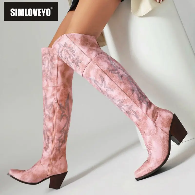 

SIMLOVEYO Western Thigh Boots for Women Square Toe Chunky Heels 7cm Zipper Embroider Plus Size 42 43 Leisure Cowboy Booty