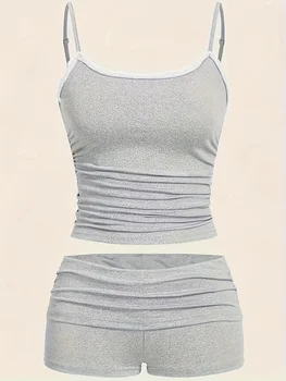 Plus Size Women's Light Gray Ruched Cami Top & Shorts 2-Piece Set - Comfortable Casual Loungewear/Daily Style (0XL-4XL) 1