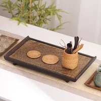 Zen Retro Style Tea Set Storage Tray Retro Tea Tray Household Japanese Style Solid Wood Bamboo Woven Tea Cup Rattan Tray ZE626 1