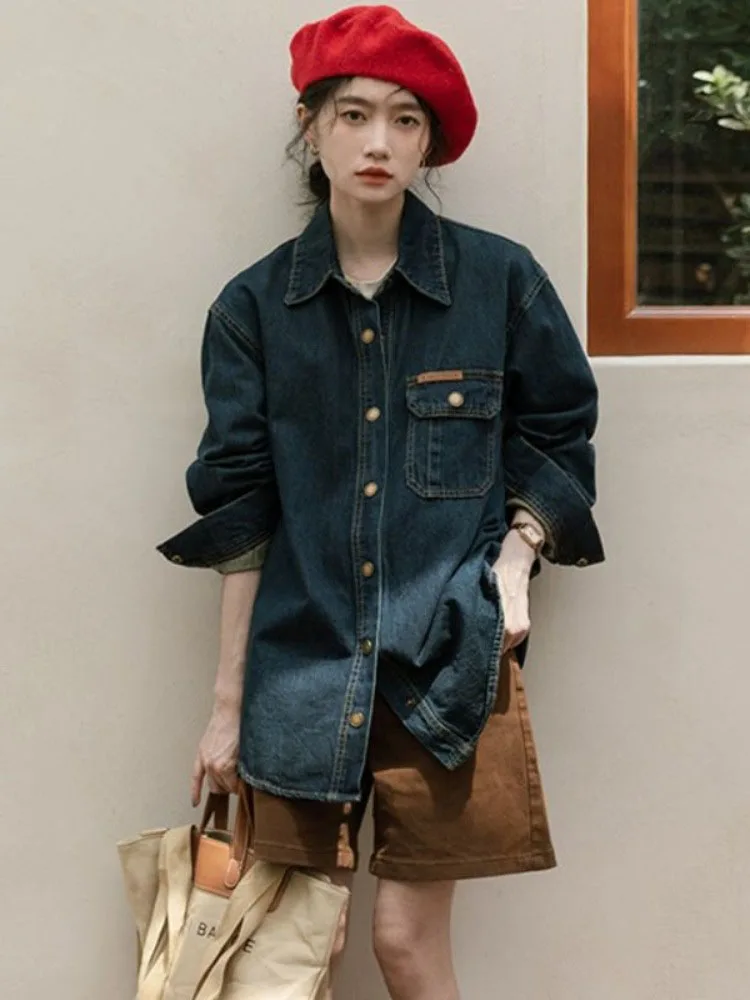 

Женская однобортная Джинсовая блузка Y2k, универсальные винтажные топы с карманами, новая сказочная модная уличная одежда, повседневные блузы на весну