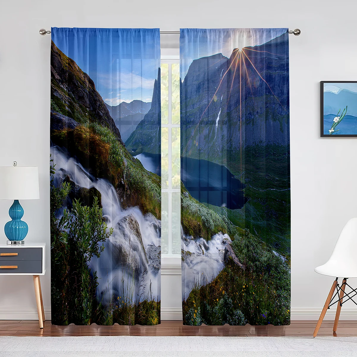 

Nature Landscape Tulle Curtains Waterfall Lake Mountains Sunrise Sheer Voile Curtain for Living Room Kitchen Bedroom Decoration