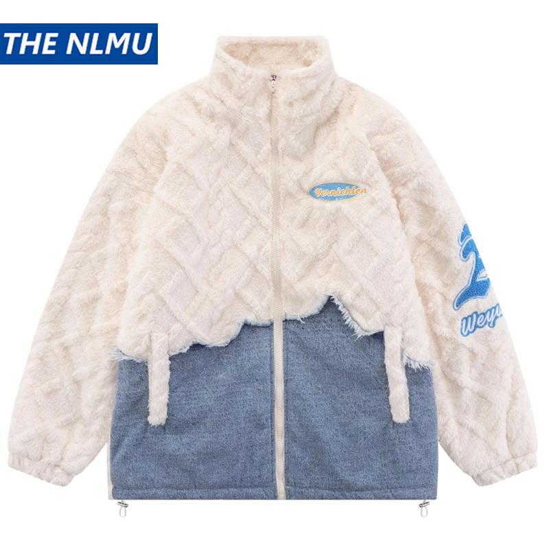 

Hip Hop Winter Jacket Coat Fleece Patch Design Jacket Harajuku Streetwear Men Zipper Up Turtleneck Outwear Men Clothing