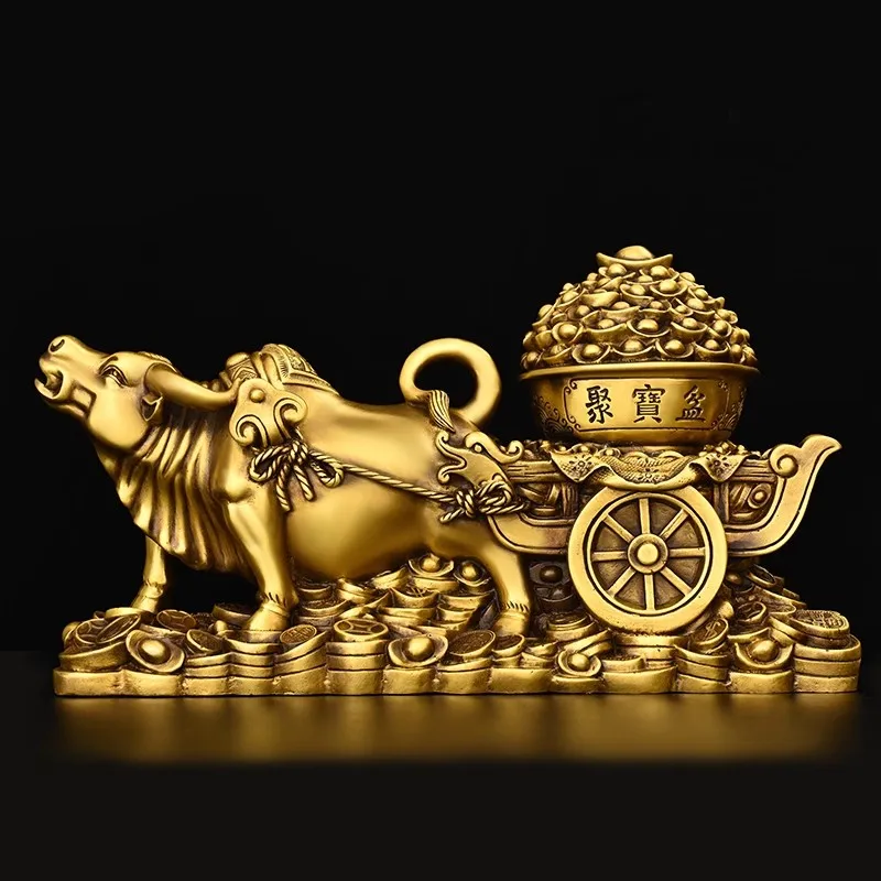 Pure Copper Ox Pulling Treasure Pot Statue Wealth Golden Ox with Cart Full of Gold Ingots, Chinese Zodiac Lucky Animal CraftGift