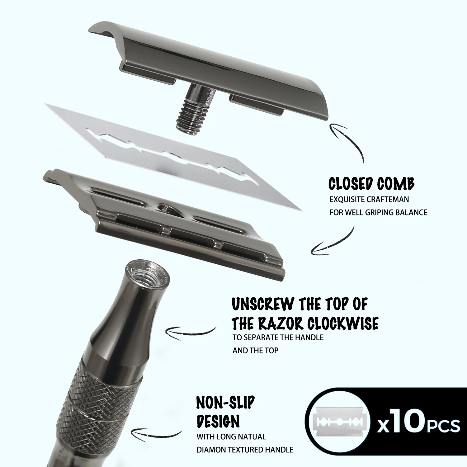 Reusable Safety Razor, Single Blade Razors for Men, with 10 Platinum Coated Double Edge Razor Blades, Beginner Friendly DE Razor 3
