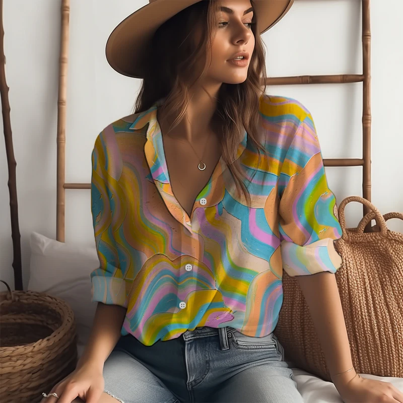 

Colorful Water Wave 3D Printed Shirt Top Women's Street Fashion Shirt Spring and Autumn Loose Relaxed Long Sleeve Shirt