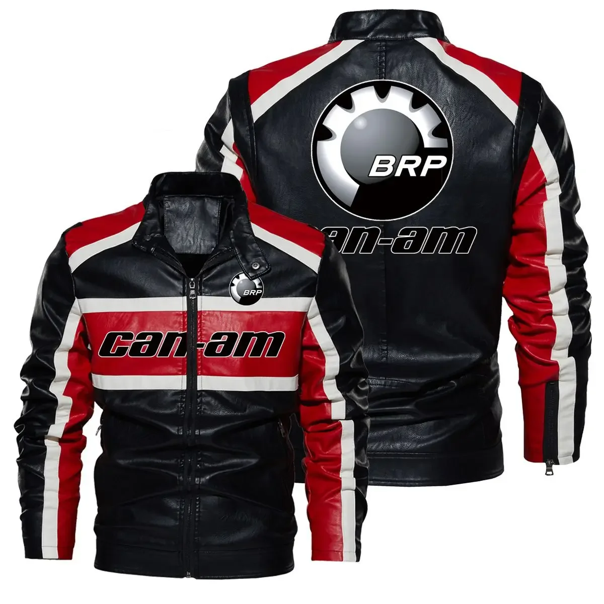 

2024 Can-am Logo Fashion Mens Contrast Leather Jacket Stand Collar PU Jacket Male Anti-wind Motorcycle Jackets Men