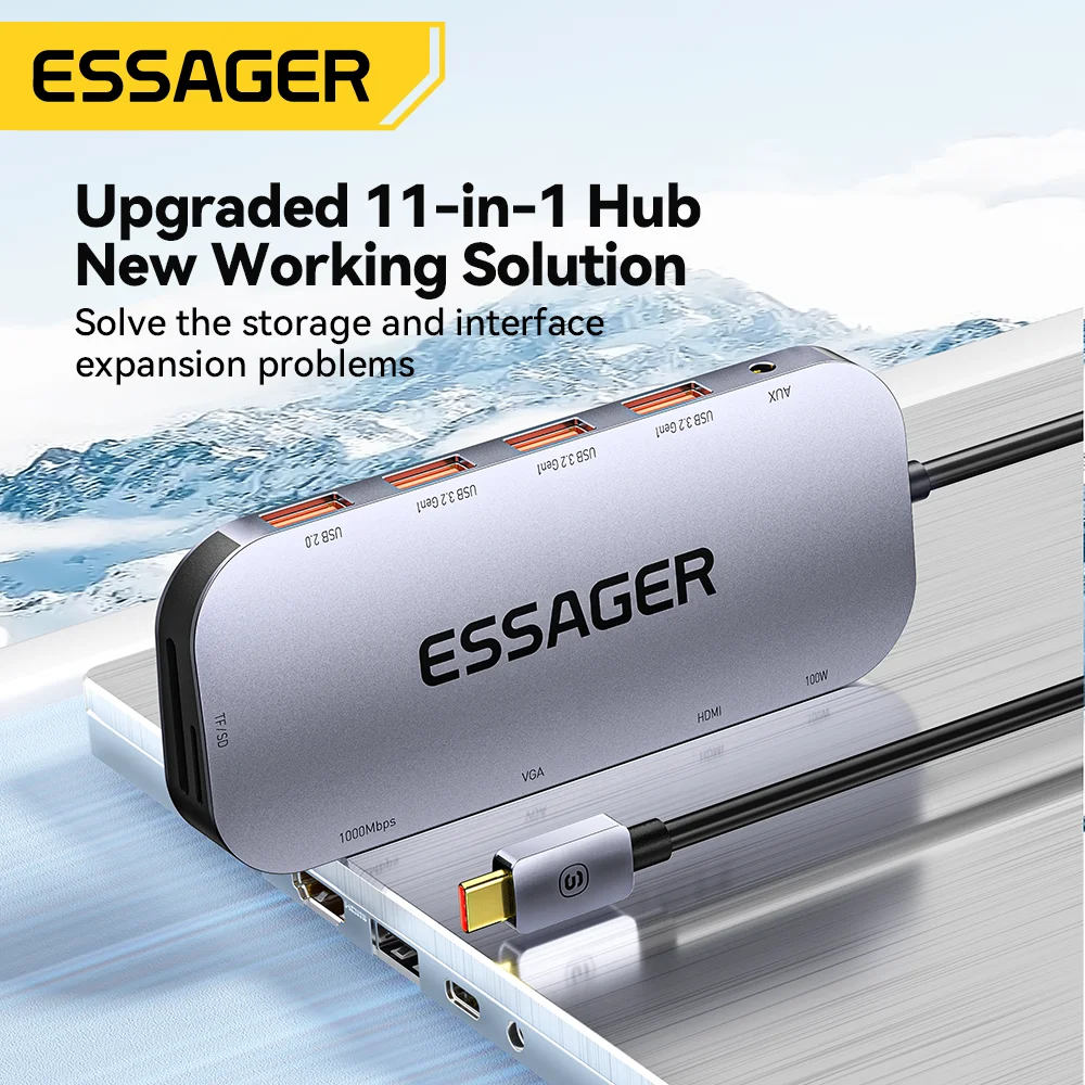 Essager-estação de Ancoragem Universal para Macbook Air Pro Hub Usb 11-em1 Compatível com Hdmi Vga 4k 30hz tipo c Divisor de Adaptador - Imagem 3