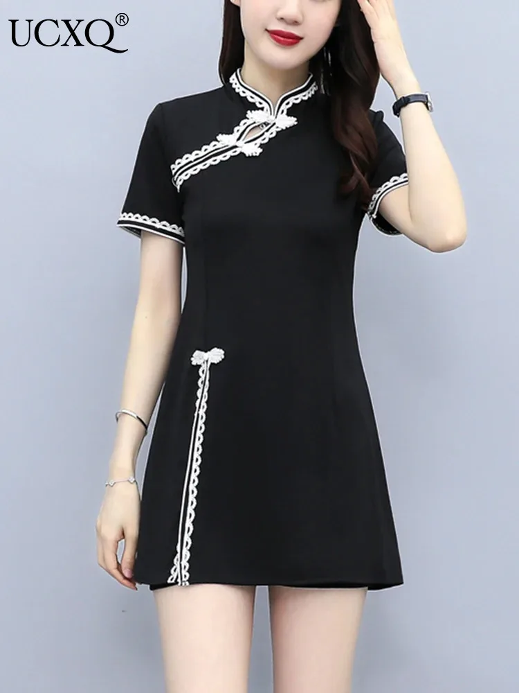 

UCXQ Chinese Style Bow Color Contrast Short Sleeve Cheongsam Dress Shorts Elegant Two-piece Set Women 2024 Spring Summer 23A7979