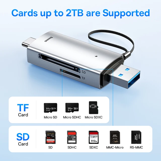 Baseus Card Reader USB C & USB3.0 to SD Micro SD TF Memory Card Device 104MB/s 2TB Smart Cardreader for Laptop Accessories 3