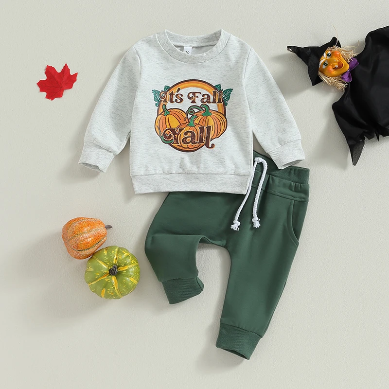 

Toddler Boys Fall Outfits Letter Pumpkin Print Crew Neck Long Sleeve Sweatshirts and Long Pants 2Pcs Halloween Clothes Set