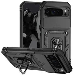 Shockproof Armor Phone Case with Magnetic Ring Stand and Kickstand - Durable Protective Cover - Google Pixel 8 Pro (Black)