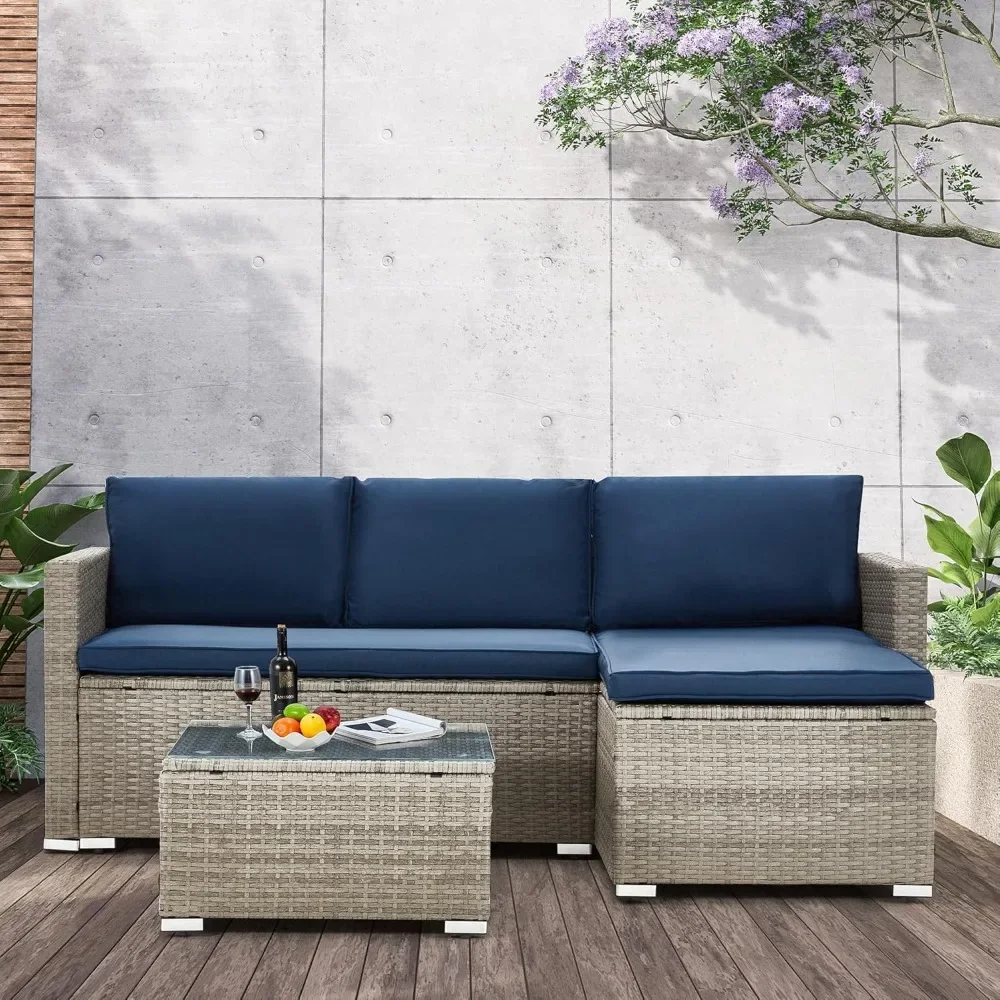 Outdoor Patio Furniture Sets, All-Weather Sectional Sofa with Tempered Glass Table, 3 Pieces Patio Wicker Couch for Garden 2