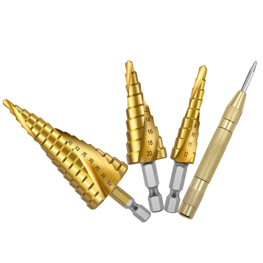 

4Pcs Step Drill Bit 4-12 4-32 4-20mm Straight Spiral Groove Step Drill Bit Hole Cutter Drilling For Woodworking Metal Hole Opene