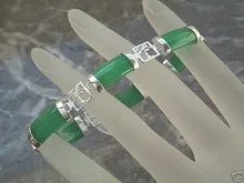 

Fine Ms. UA style Pulseras 925 Sterling Green Jade Bracelet Bridal wide 7.5" Girl Woman MEN Quartz jewelry