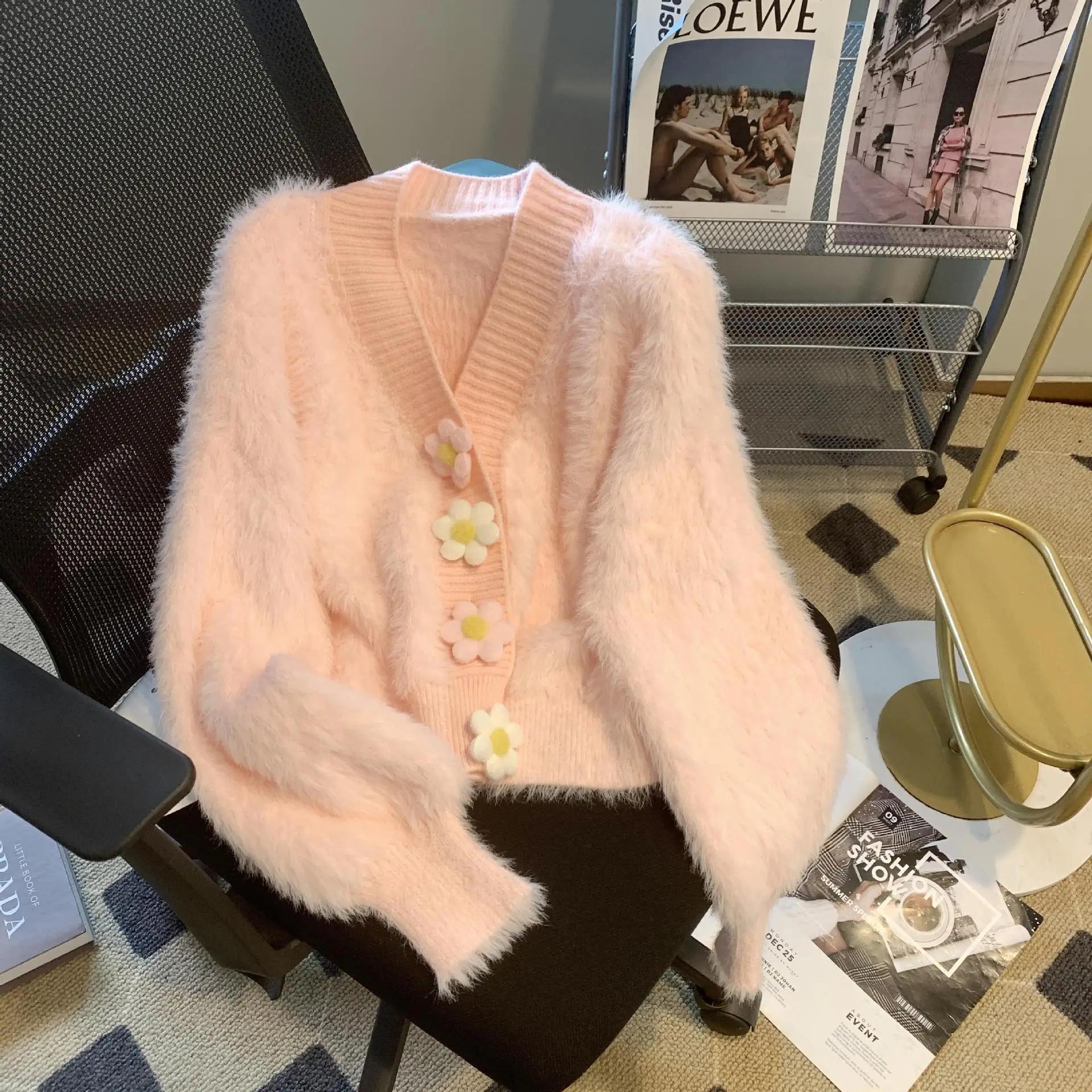 

Korean Faux Mink Fur Cardigan Women Sweet Pink Flower Buttons V-Neck Sweaters Female Winter Warm Plush Cardigans Tops