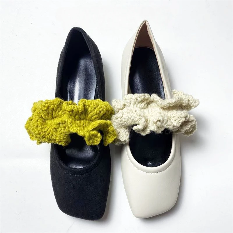 Knitted Elastic Band Mary Janes Shoes Women Square Toe Elegant Low Heels Pumps Spring Autumn PU Leather Ladies Shoes Loafers 2
