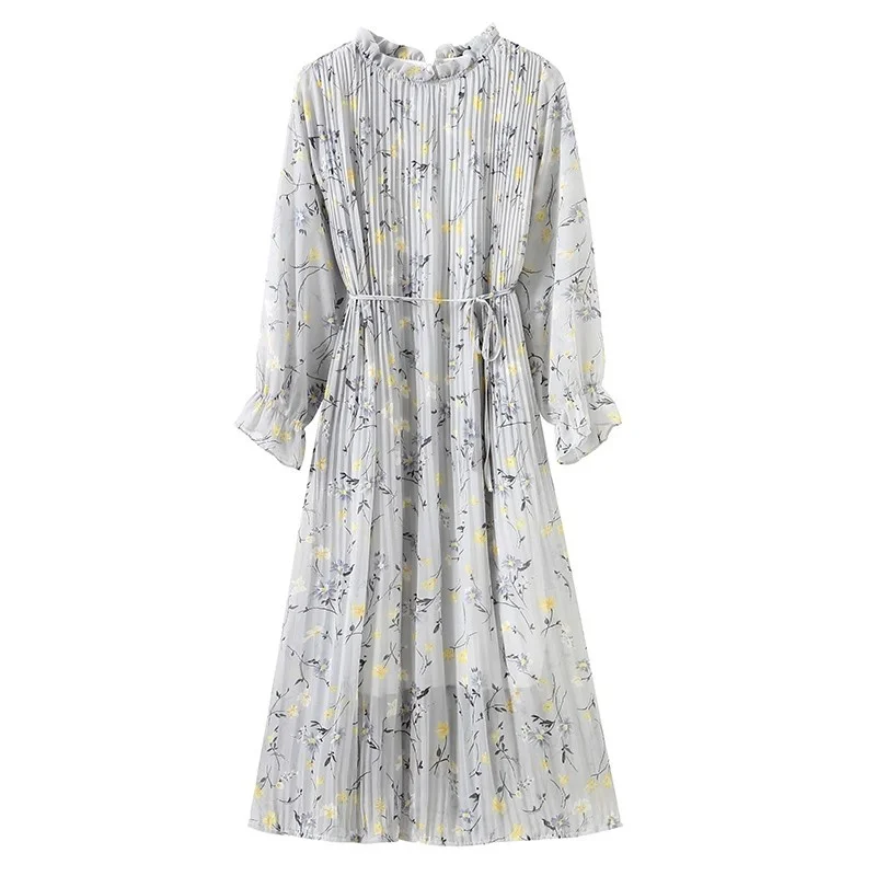 

Шифоновое свободное приталенное платье с длинными рукавами, Плиссированная Юбка До Колена в стиле ретро, C19