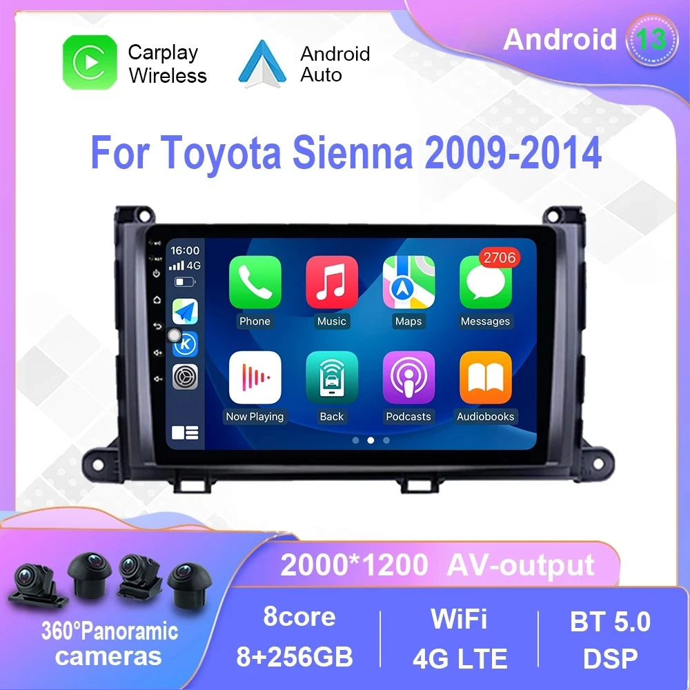 

Android 13 Radio For Toyota Sienna 2009-2014 Car Multimedia Player Carplay Touch Screen GPS Navigation