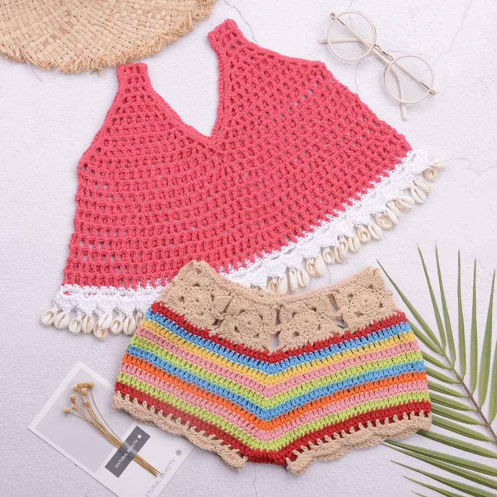 Hot Sale Fashion Hand-woven Beach Kids Small Tank Tank Swimsuit Set Colorful Shorts Split Swimsuit