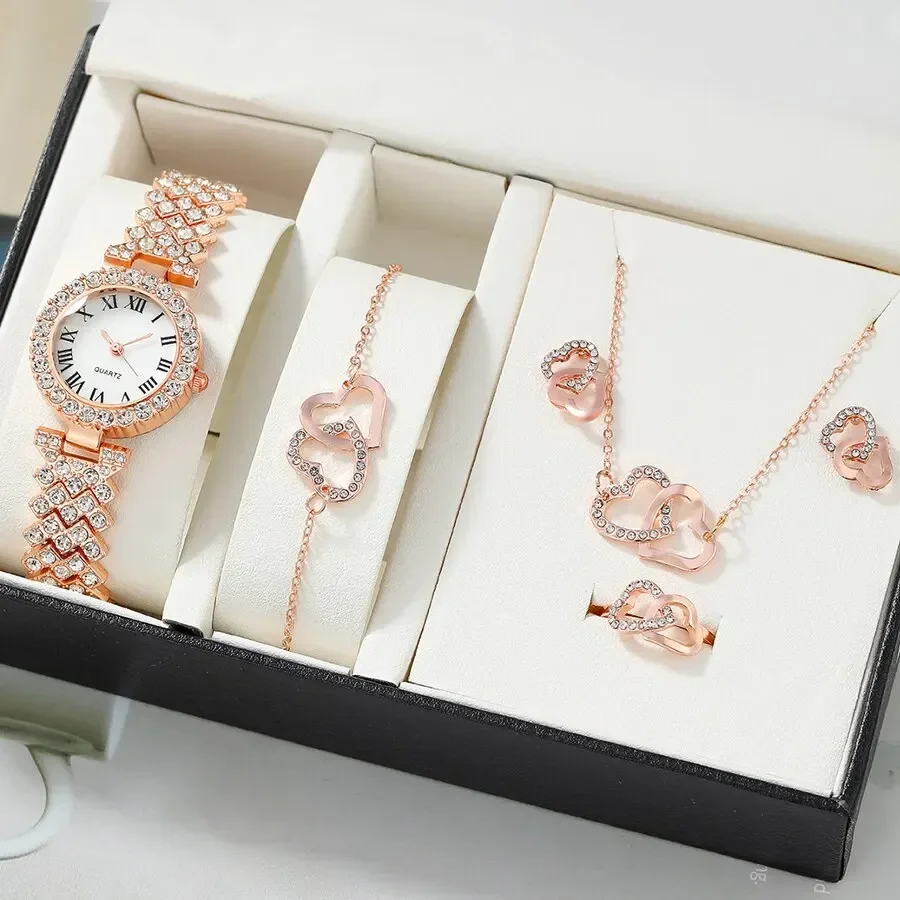 Women Watches 2/6pc Set Rose Gold Luxury Watch Women Ring Necklace Earring Rhinestone Fashion Wristwatch Casual Ladies Bracelet Watches